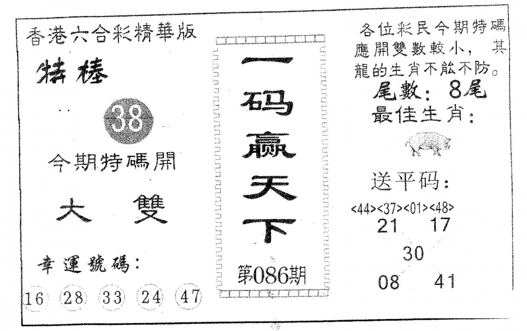 六合彩086期一码赢天下(黑白)