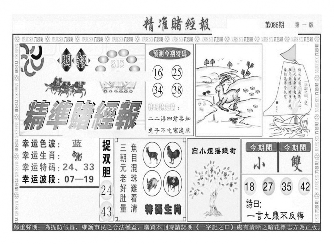 六合彩086期精准赌经报A（新图）(黑白)