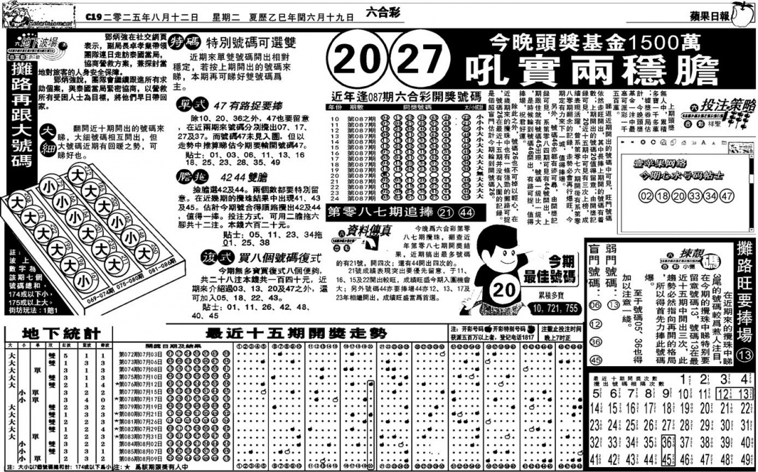 六合彩087期私作苹果报B(自决)(黑白)