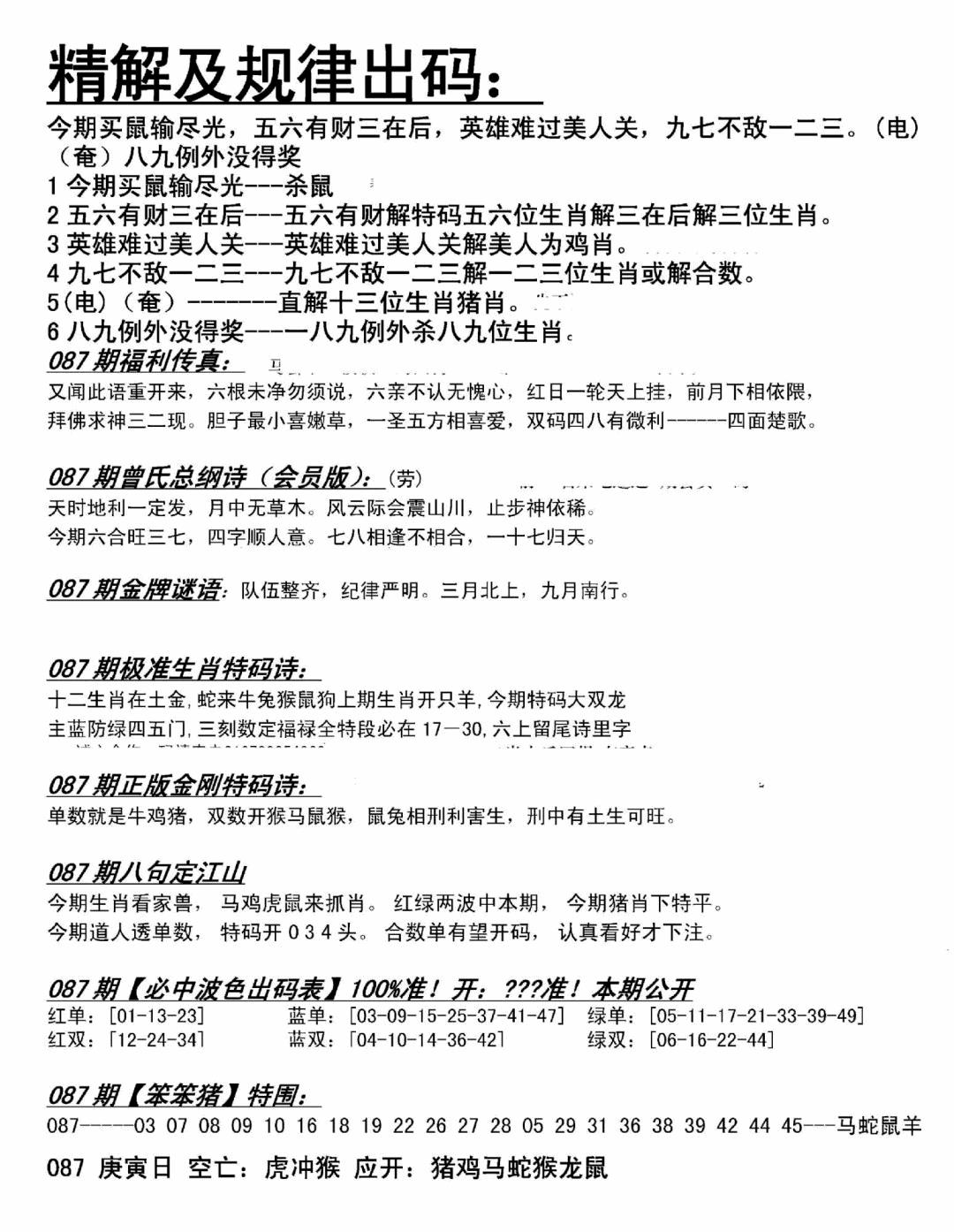 六合彩087期精解及规律出码图(黑白)
