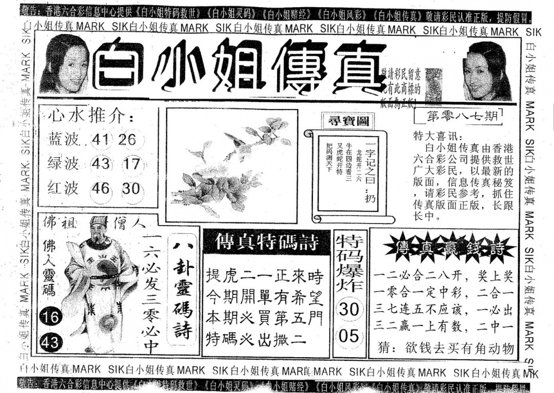 六合彩087期白姐传真(黑白)