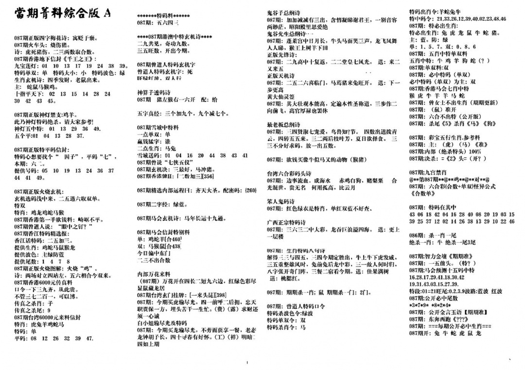 六合彩087期投资指南(黑白)