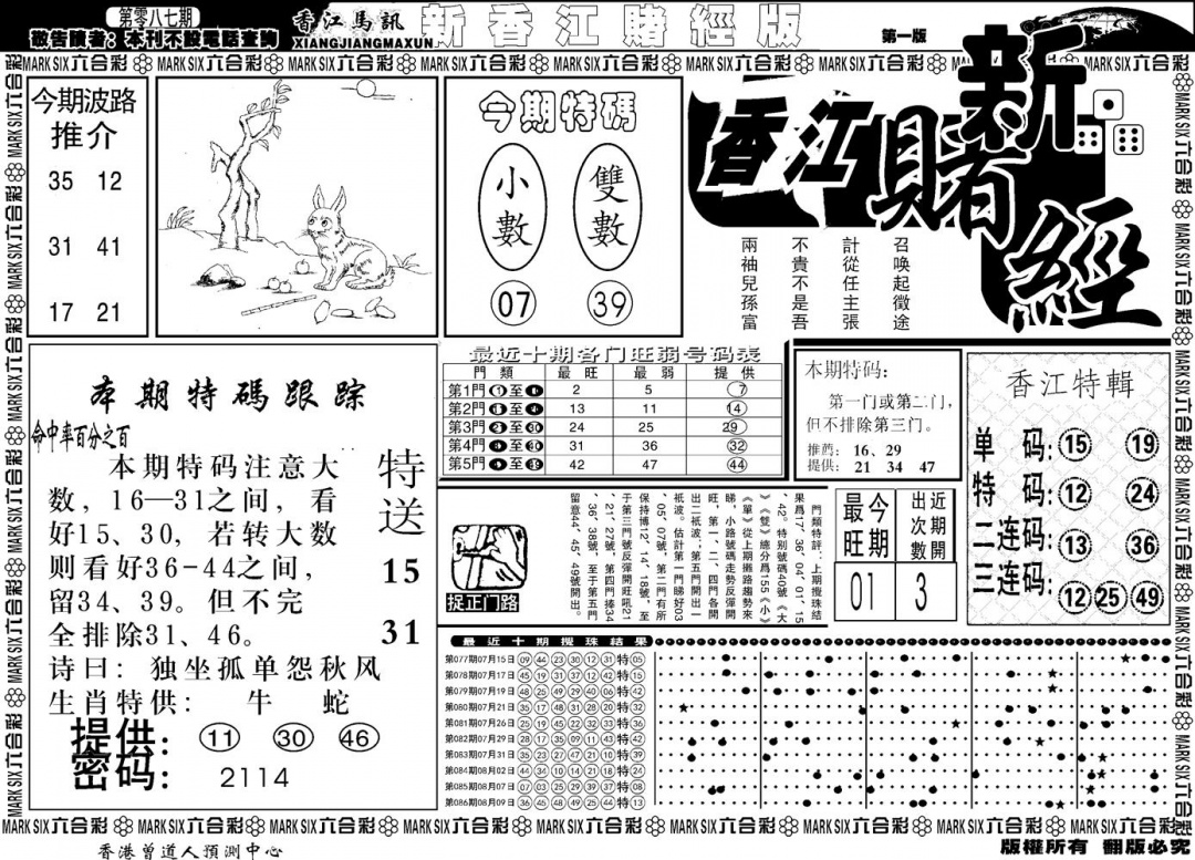 六合彩087期另版香江赌经A(黑白)