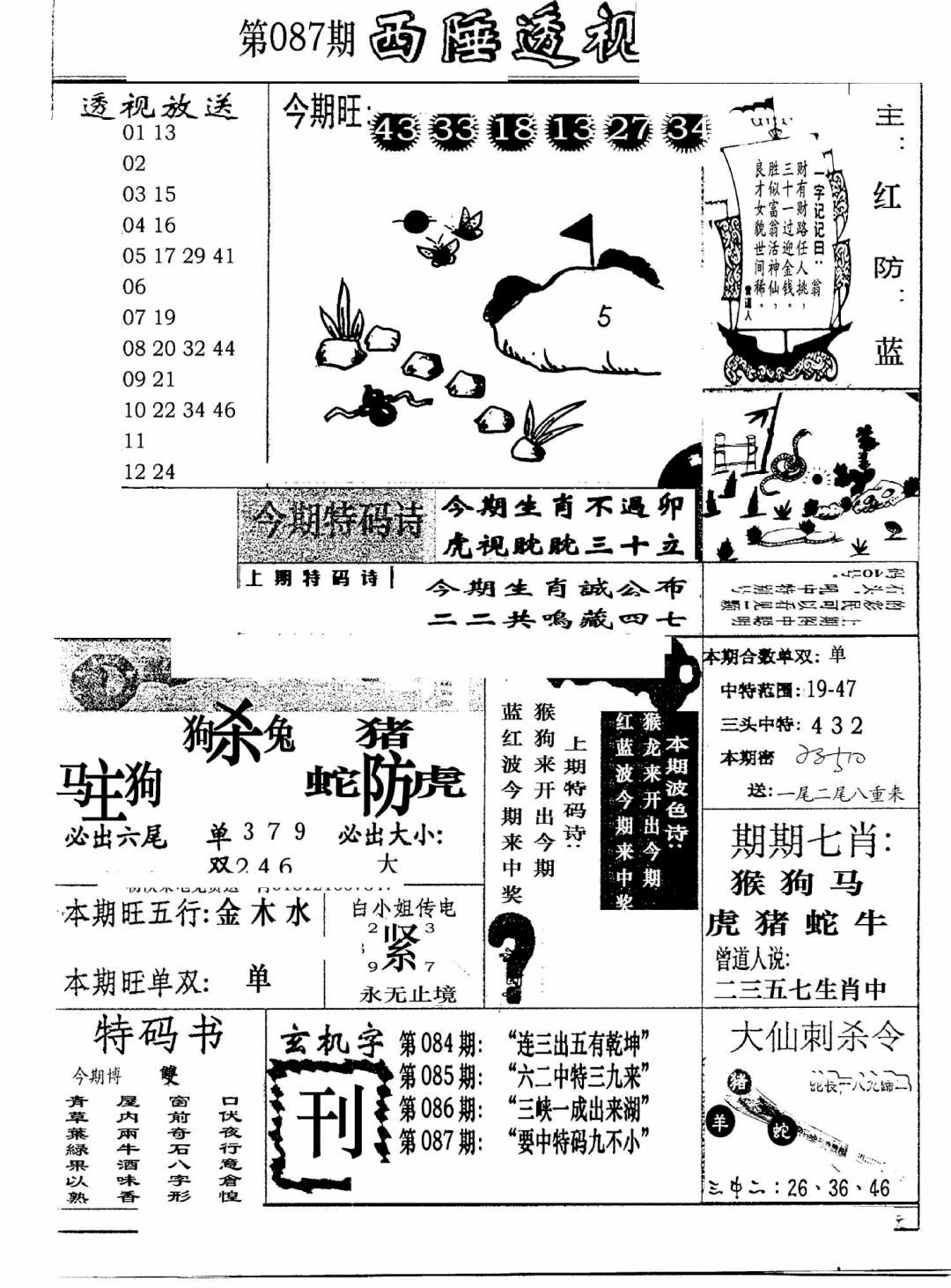 六合彩087期广东西陲透视(新报)(黑白)