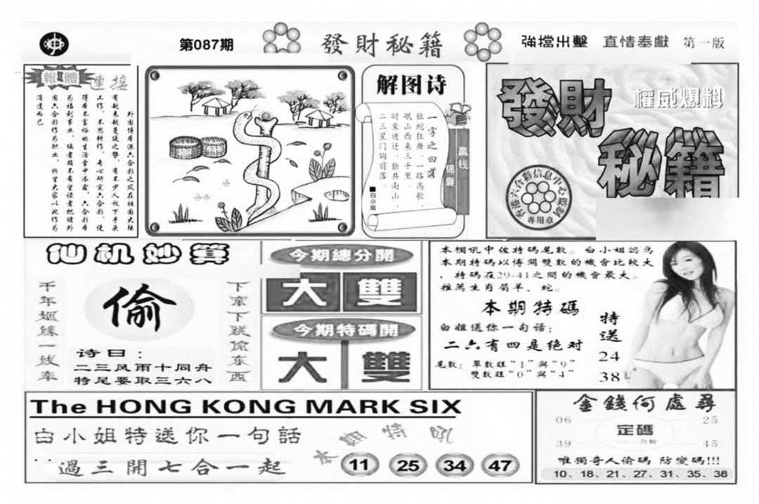 六合彩087期发财秘籍A（新图）(黑白)