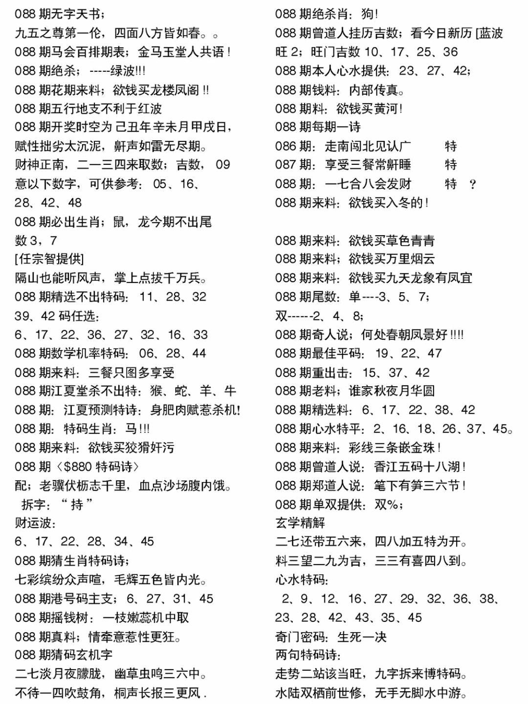 六合彩088期当日电脑综合资料A(黑白)