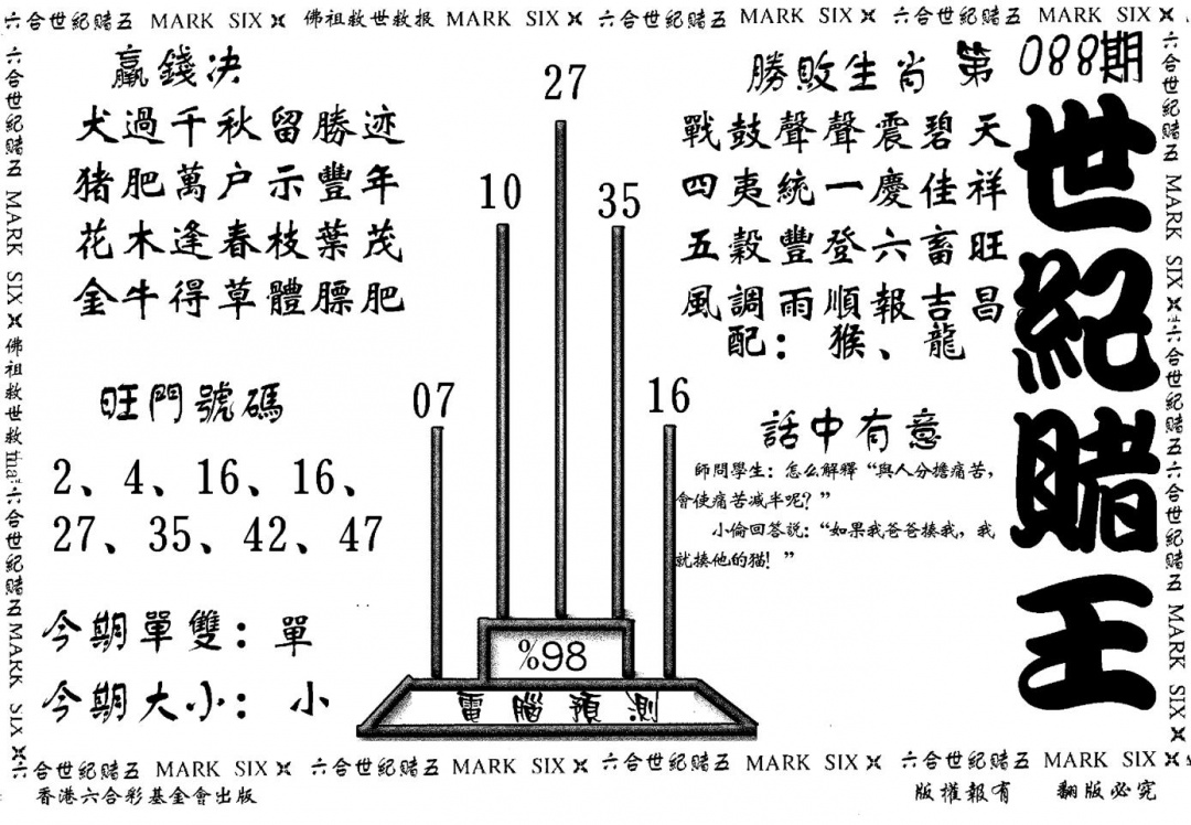 六合彩088期世纪赌王(黑白)