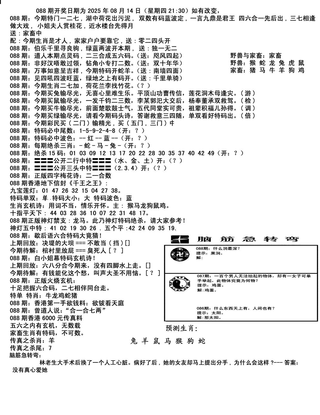 六合彩088期马会小综合(黑白)