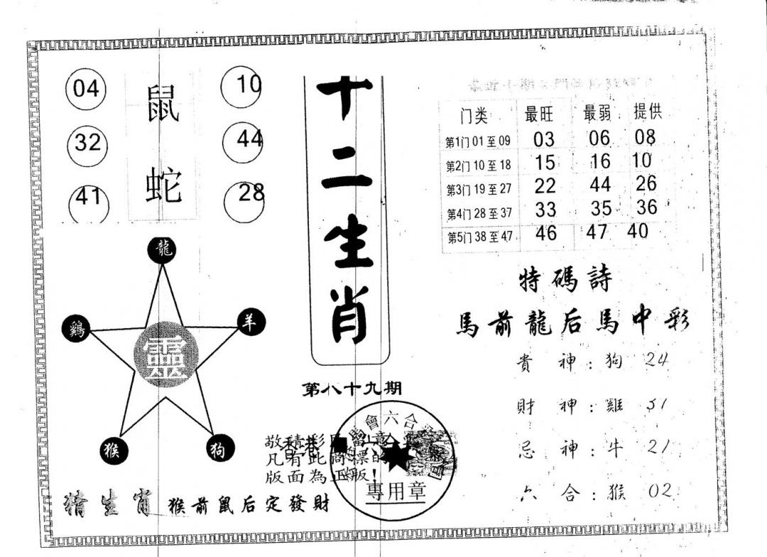 六合彩089期另版十二生肖(黑白)