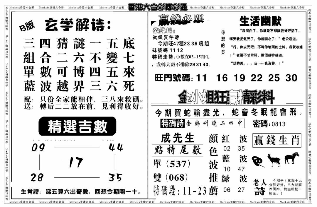 六合彩089期白小姐博彩绝密B(新图)(黑白)