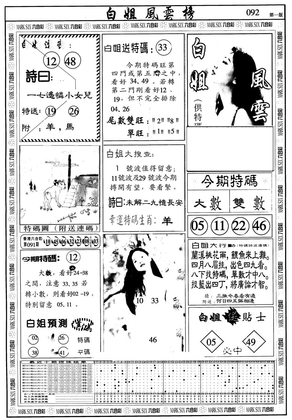 六合彩092期另版白姐风云榜A(黑白)