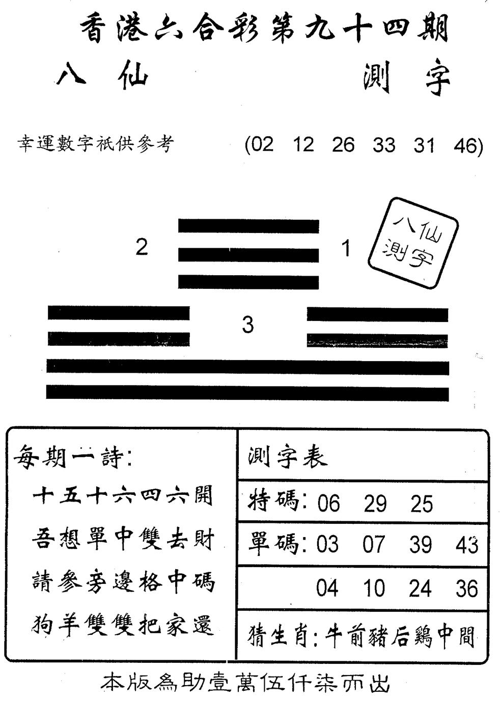 六合彩094期另版八仙测字(黑白)