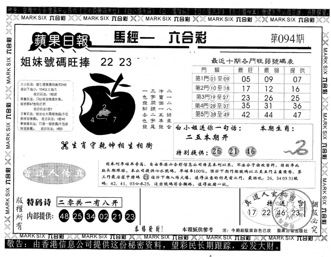 六合彩094期苹果日报A(黑白)
