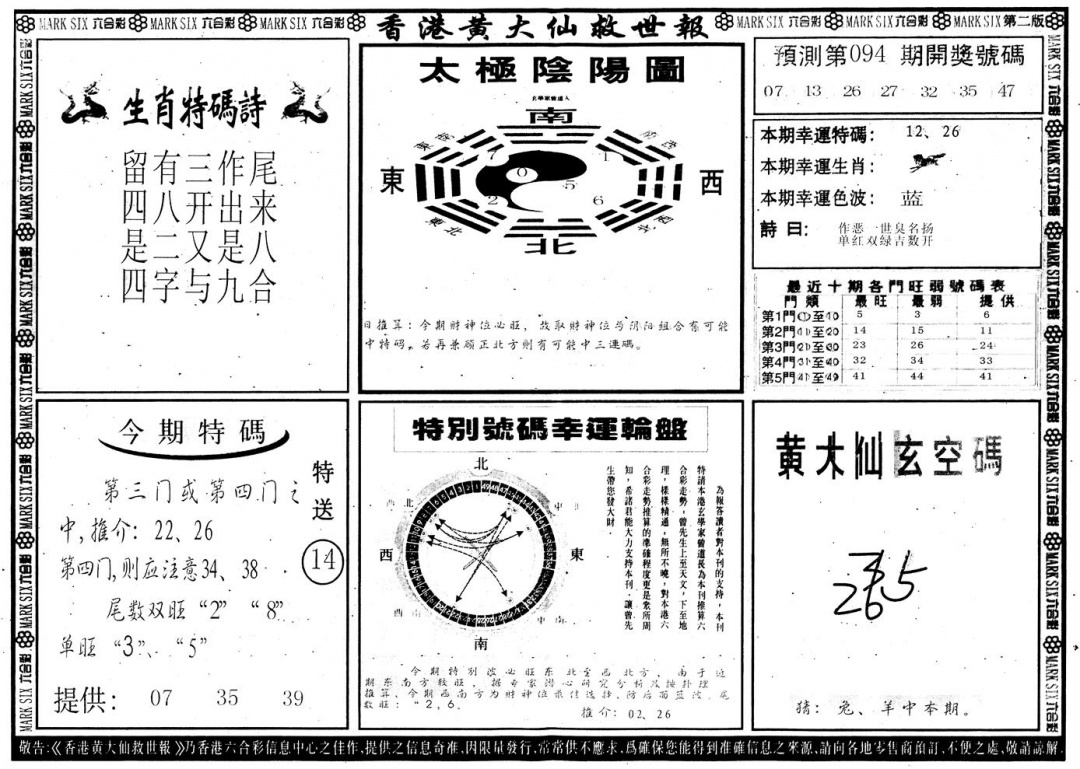 六合彩094期另版香港黄大仙B(黑白)