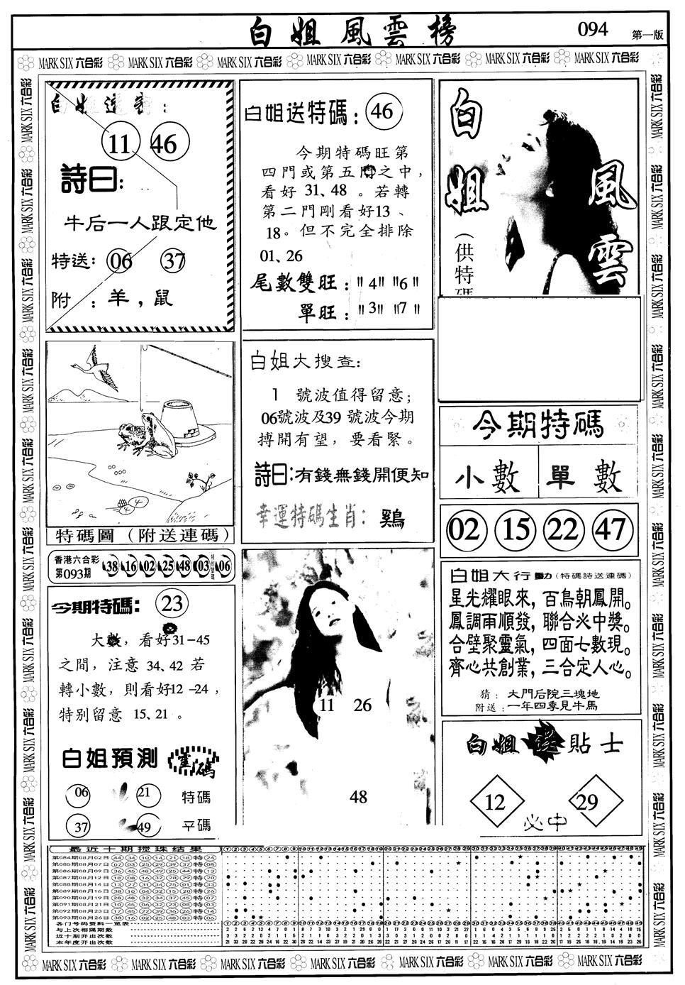 六合彩094期另版白姐风云榜A(黑白)