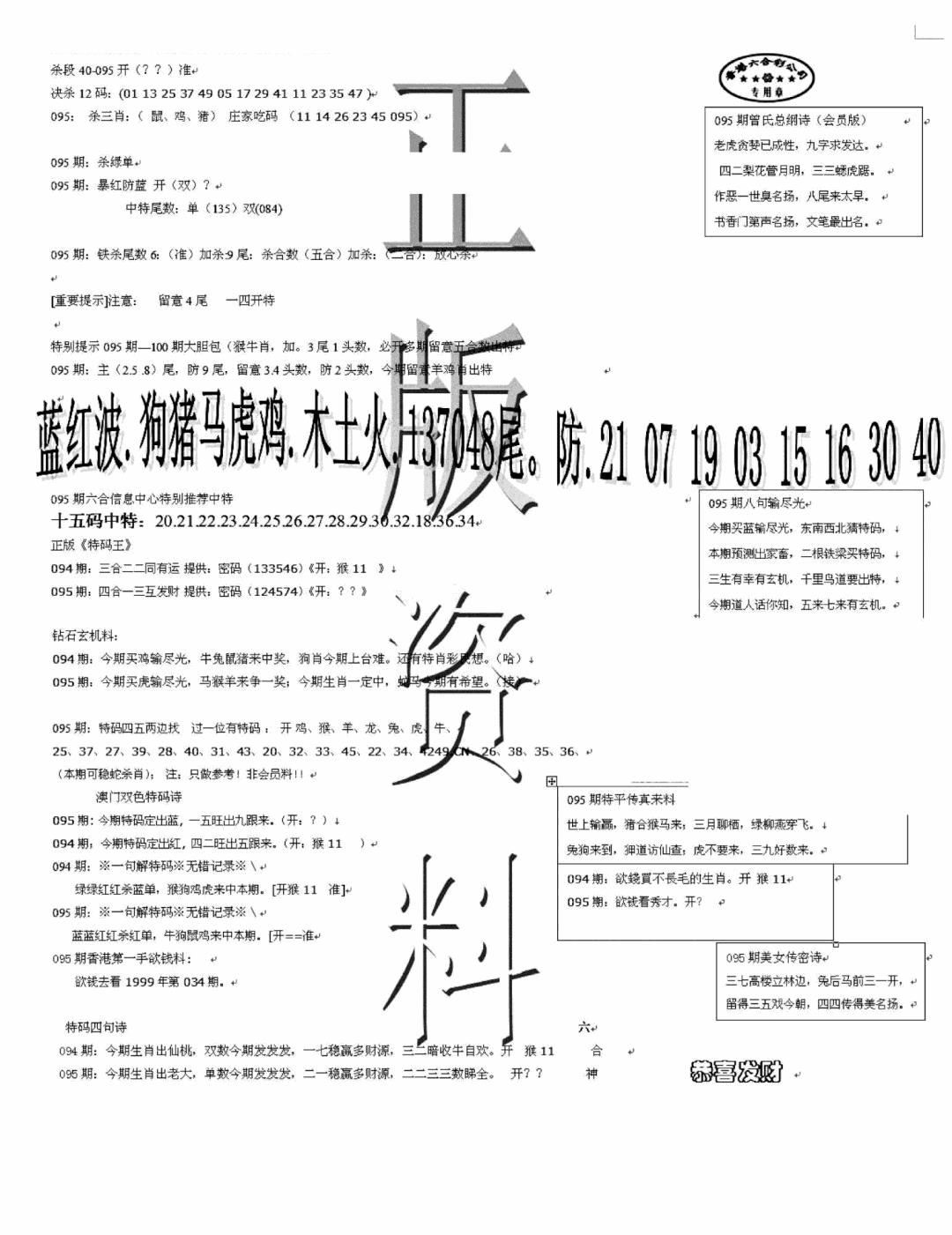 六合彩095期正版资料(黑白)