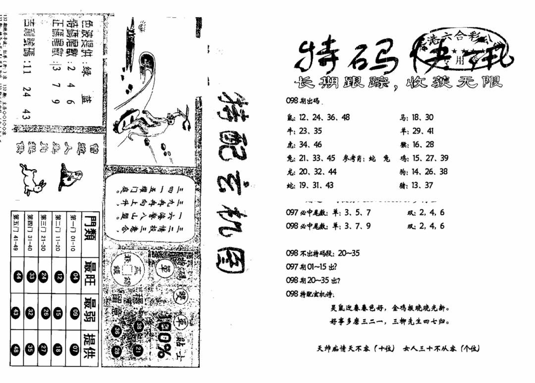 六合彩098期特快快讯+玄机图(新)(黑白)