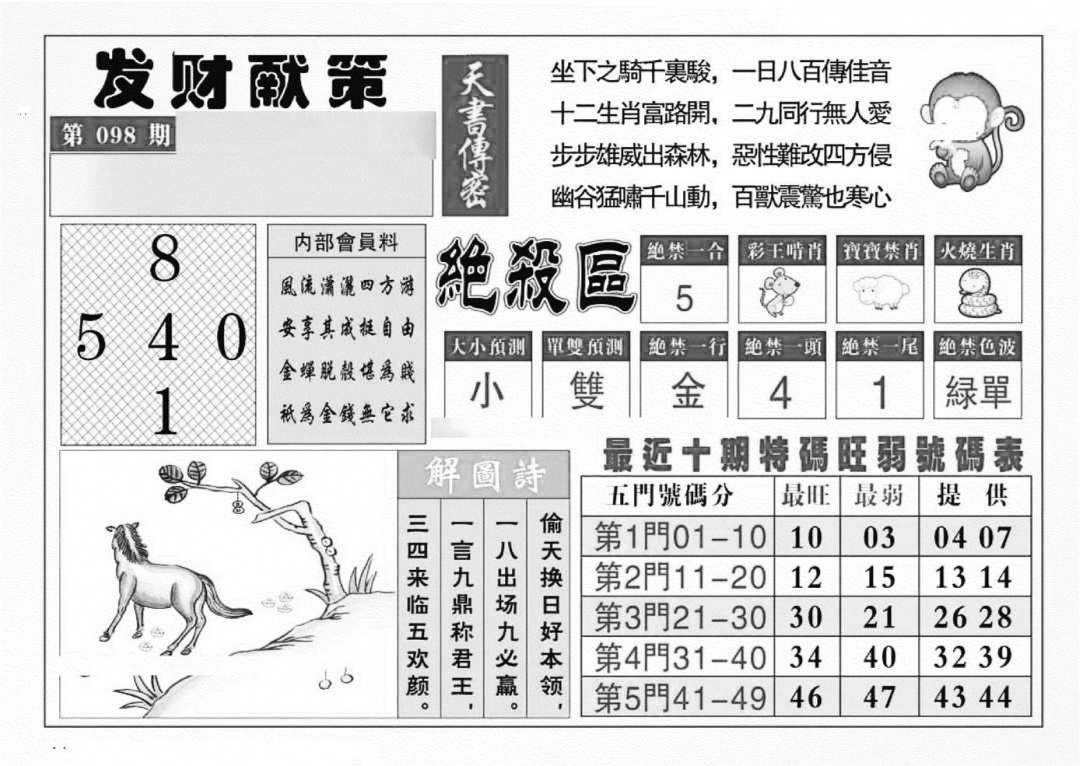 六合彩098期发财献策(特准)(黑白)