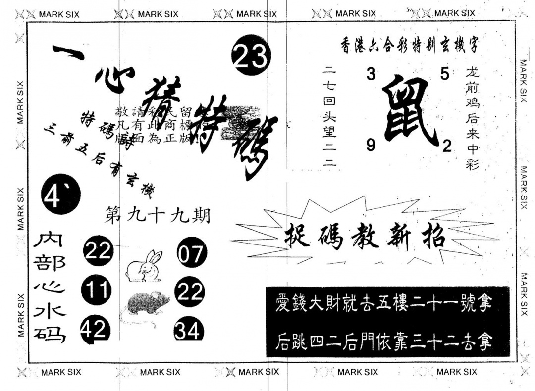 六合彩099期另版一心猜特码(黑白)