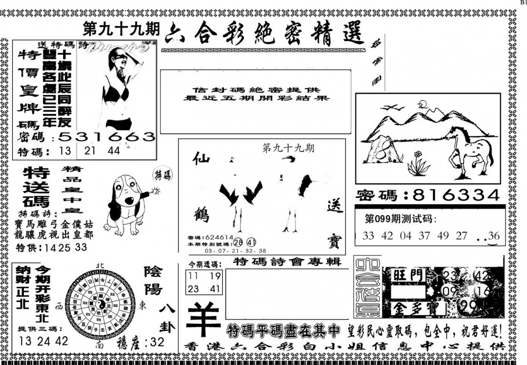 六合彩099期另版白姐绝密精选A(黑白)