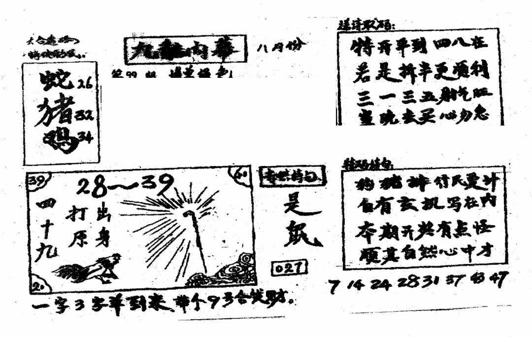 六合彩099期香港九龙传真2(手写版)(黑白)