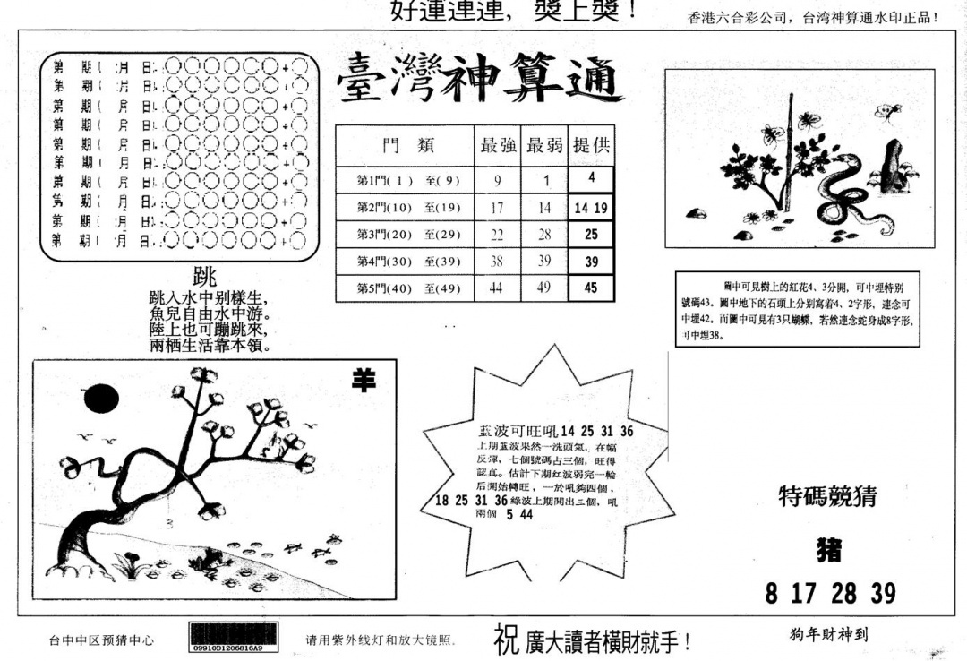 六合彩099期另版台湾神算(黑白)
