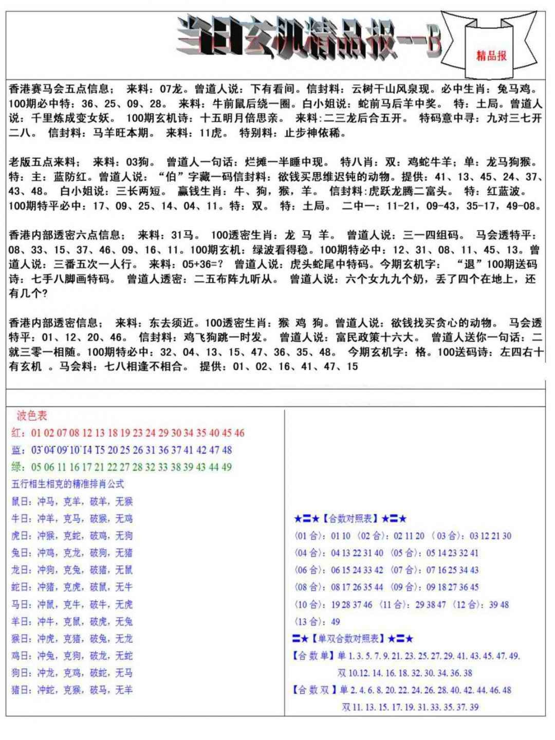 六合彩100期当日玄机精品报B