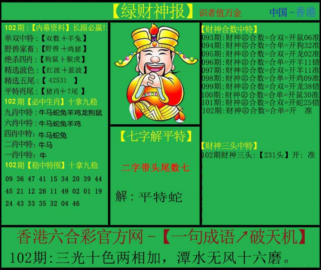六合彩102期绿财神