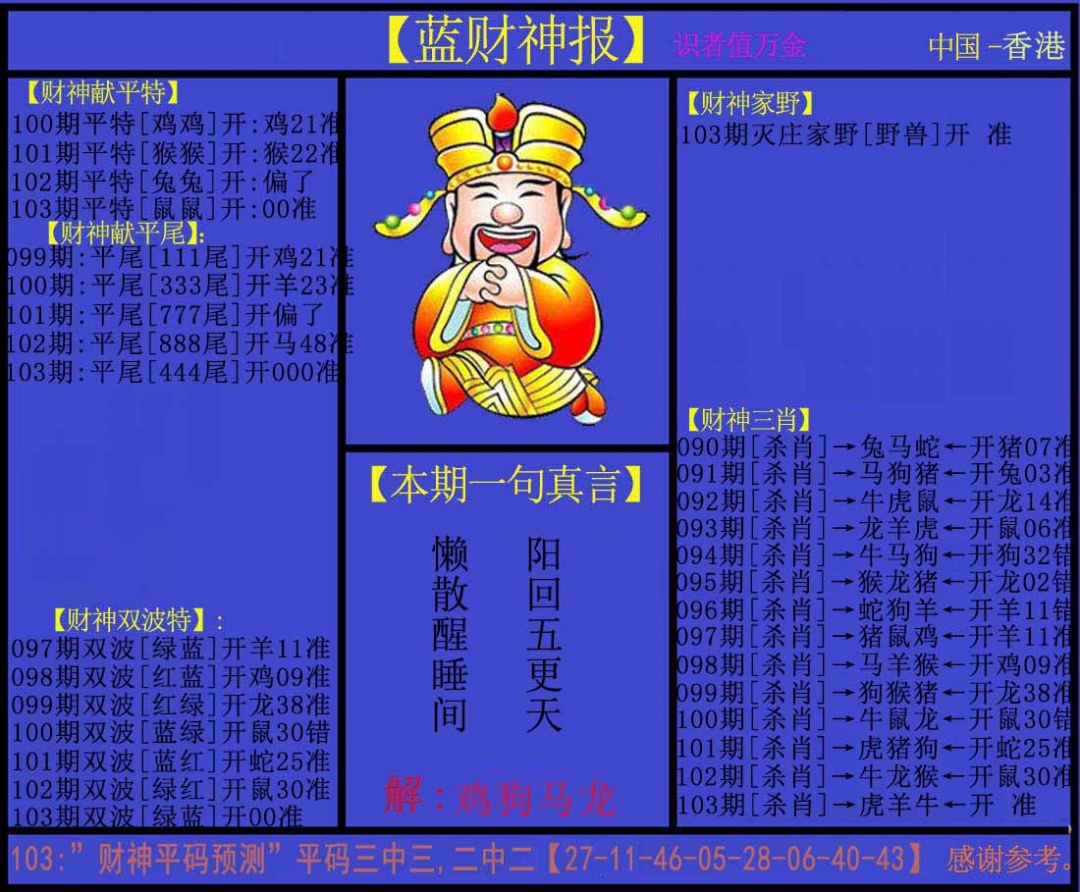 六合彩103期蓝财神