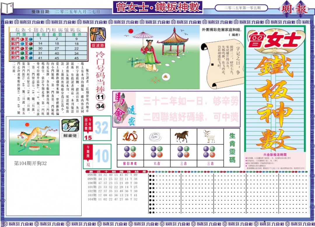 六合彩105期曾女士铁板神数A