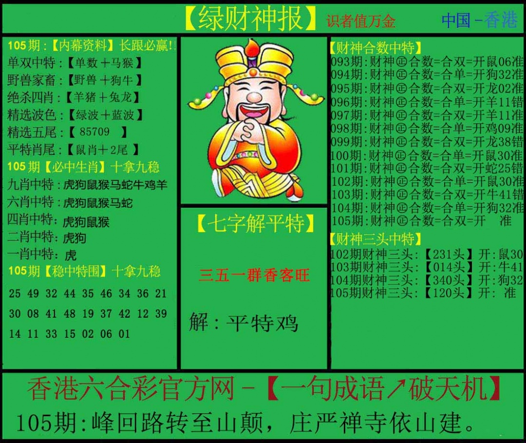 六合彩105期绿财神
