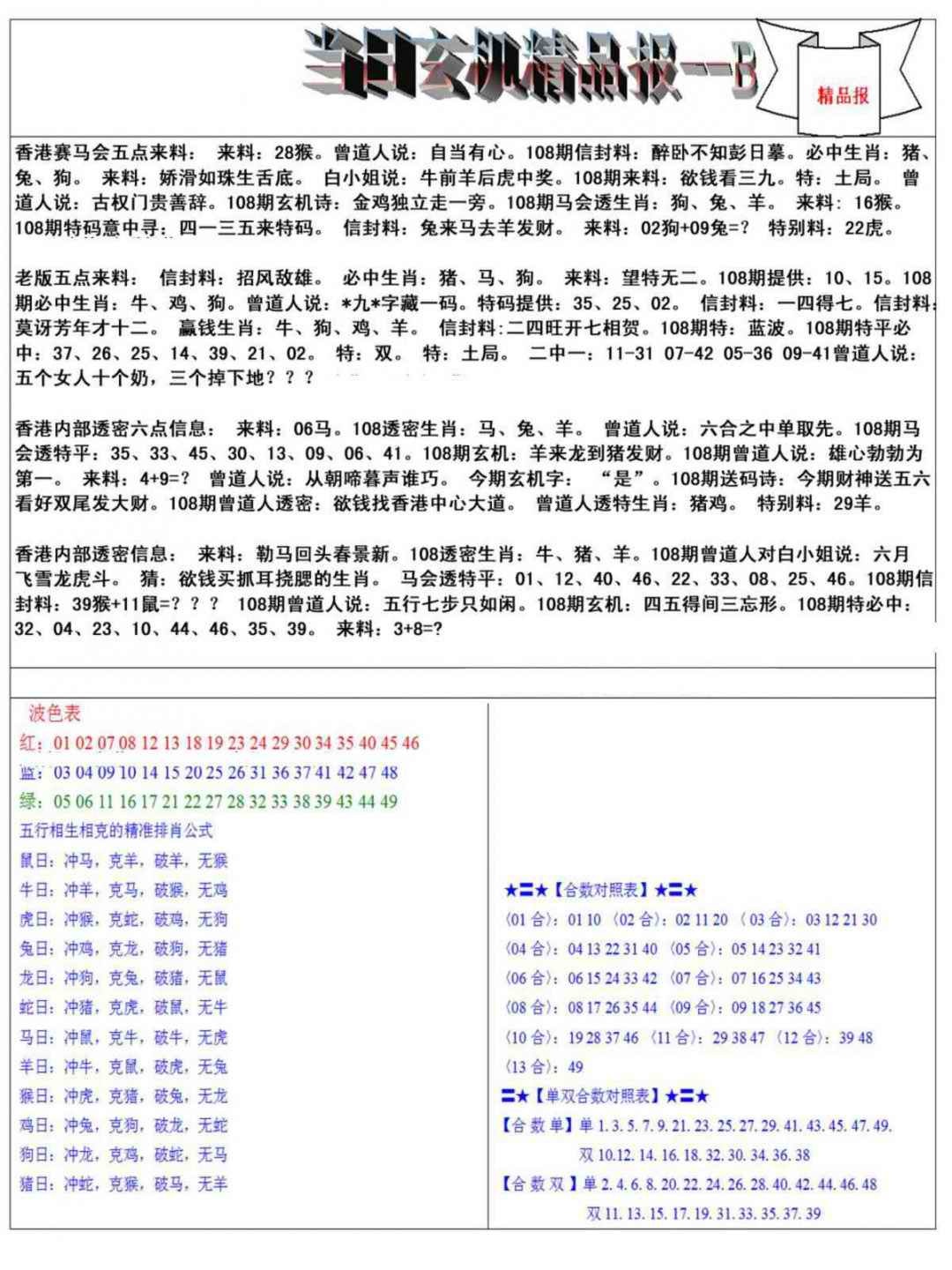 六合彩108期当日玄机精品报B