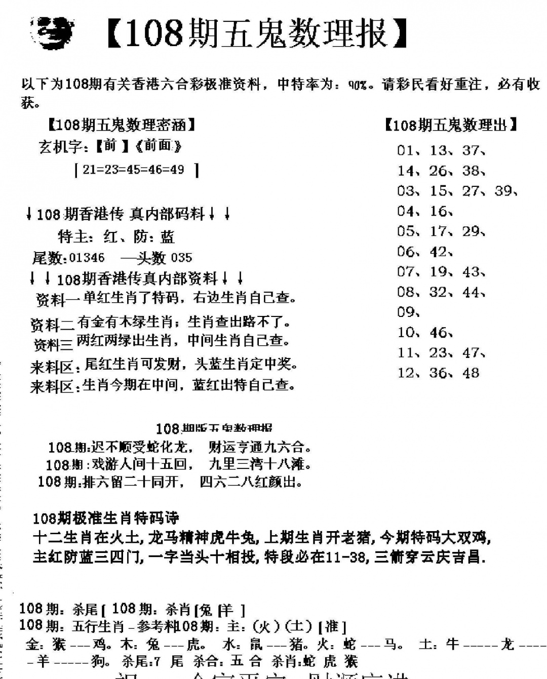 六合彩108期五鬼运财会员料