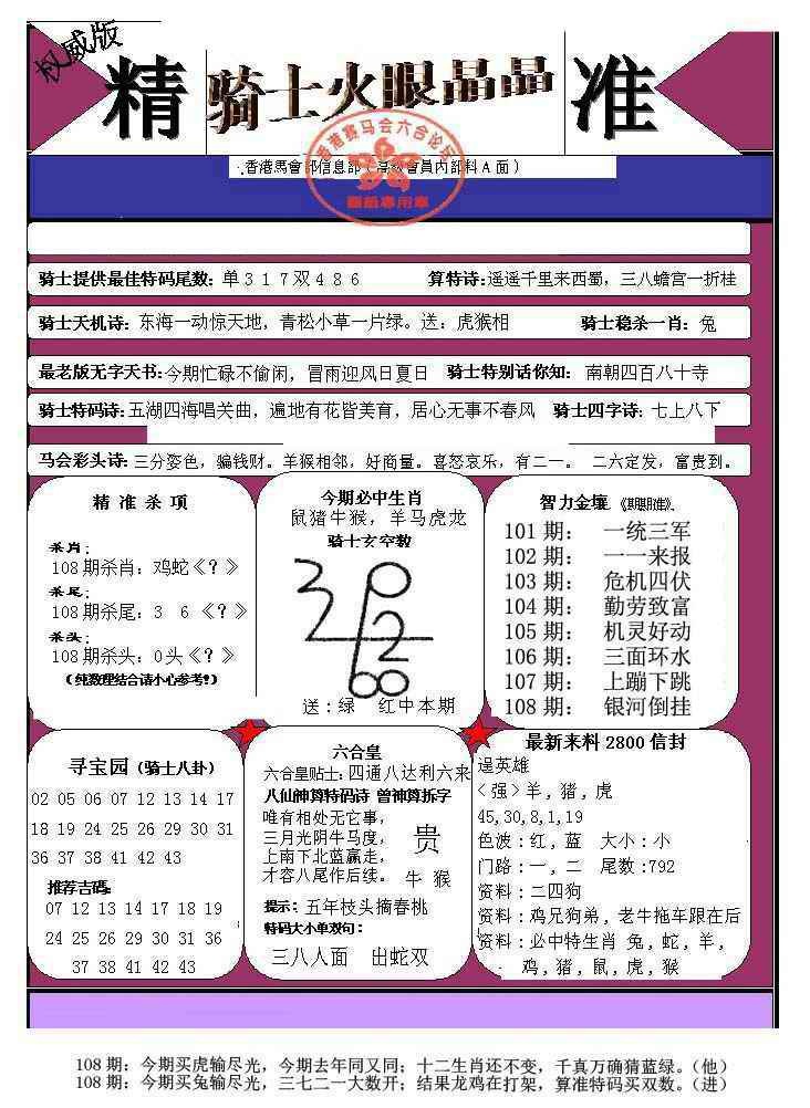 六合彩108期骑士火眼晶晶（正）