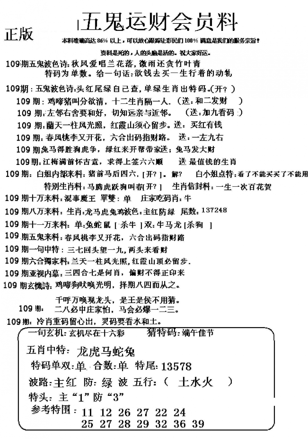 六合彩109期五鬼运财会员料