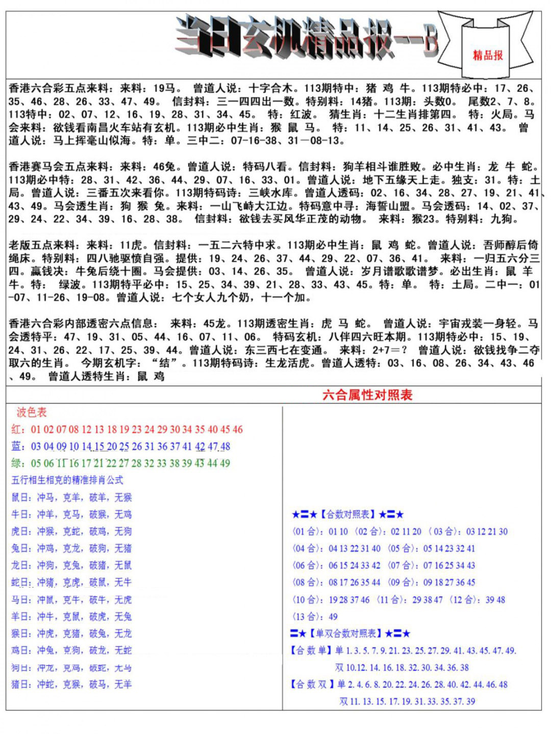 六合彩113期当日玄机精品报B