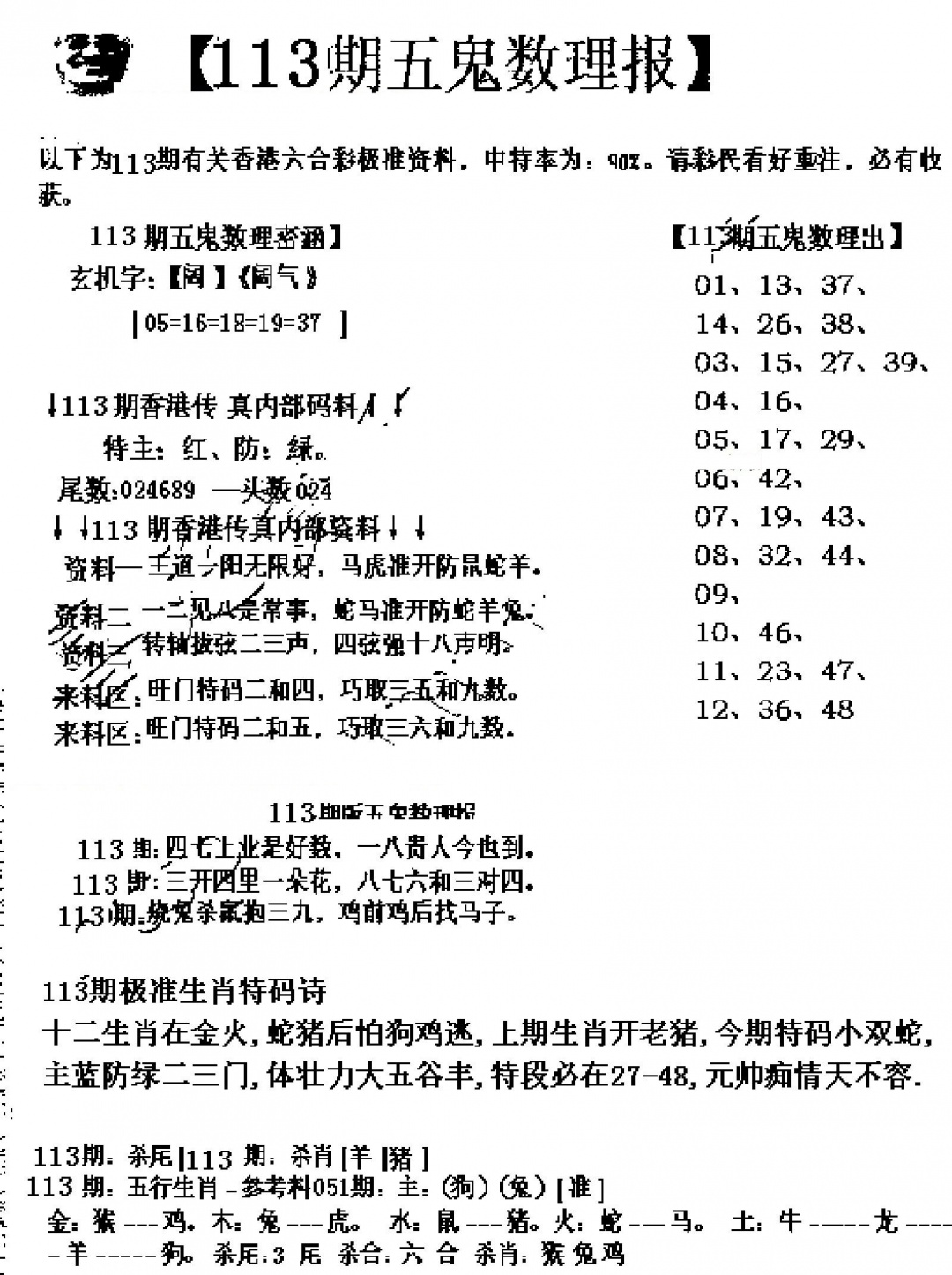 六合彩113期五鬼数理报