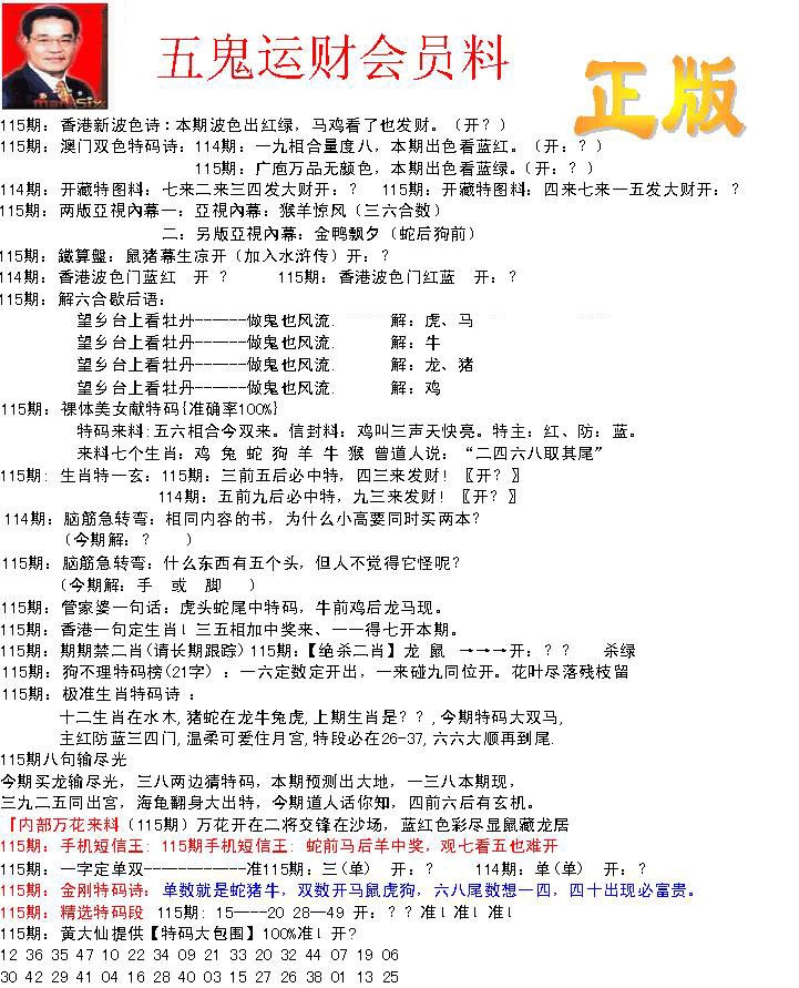 六合彩115期正版五鬼运财会员料