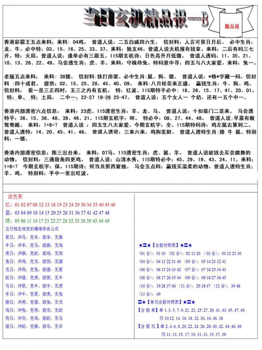 六合彩115期当日玄机精品报B