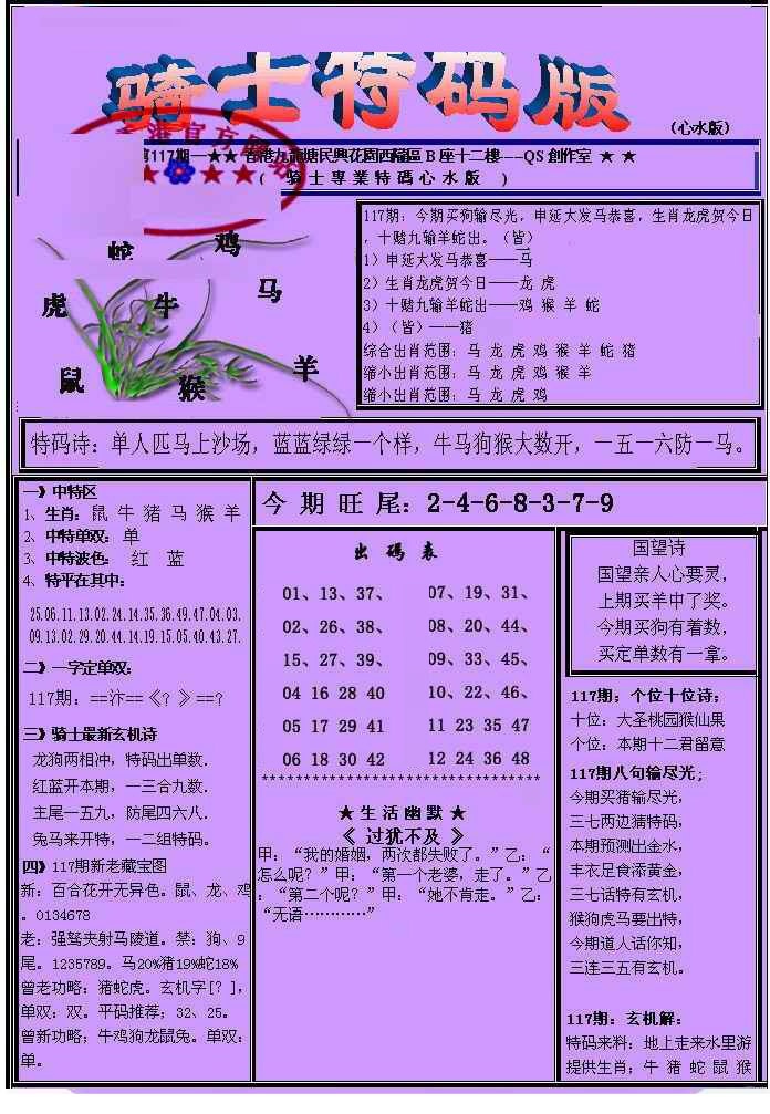 六合彩117期另骑士特码版