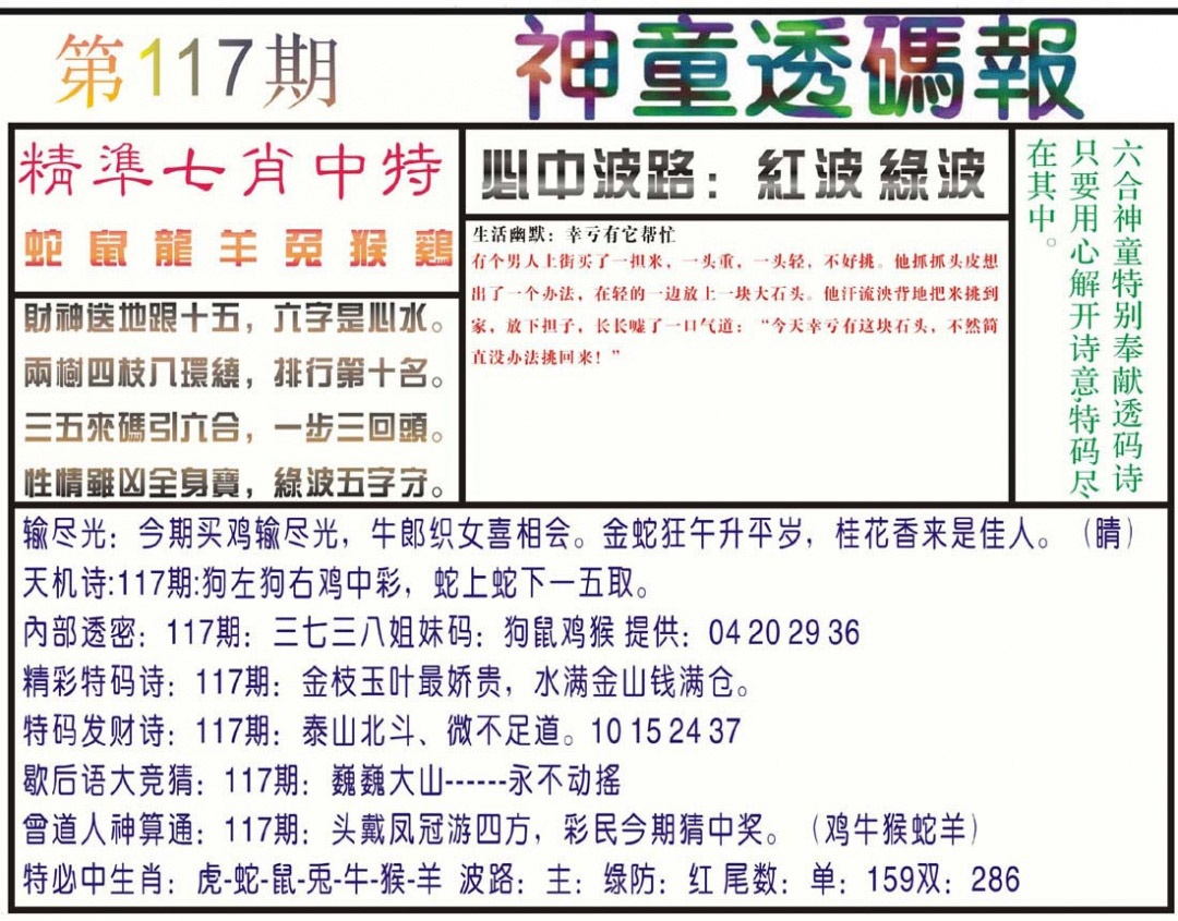 六合彩117期神童透码报(正版)