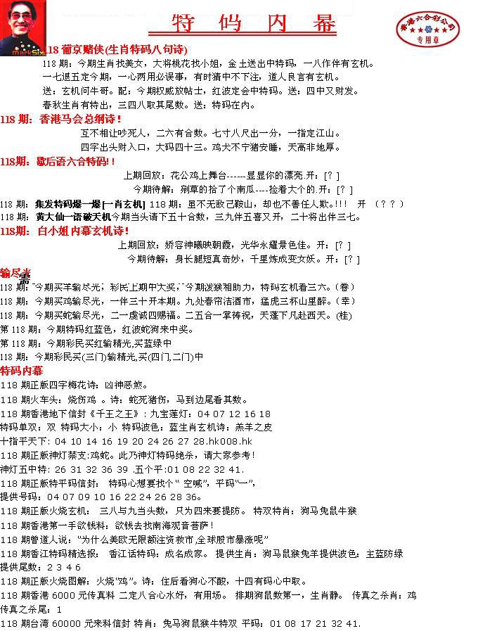 六合彩118期特码内幕A