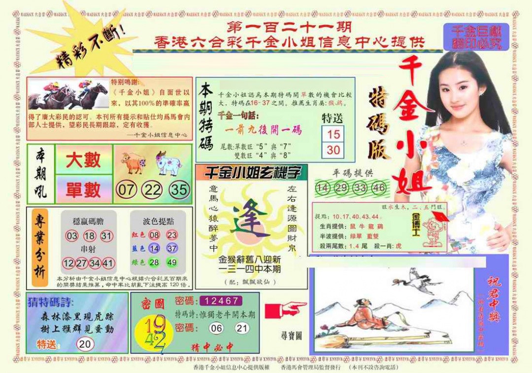 六合彩121期千金小姐A版