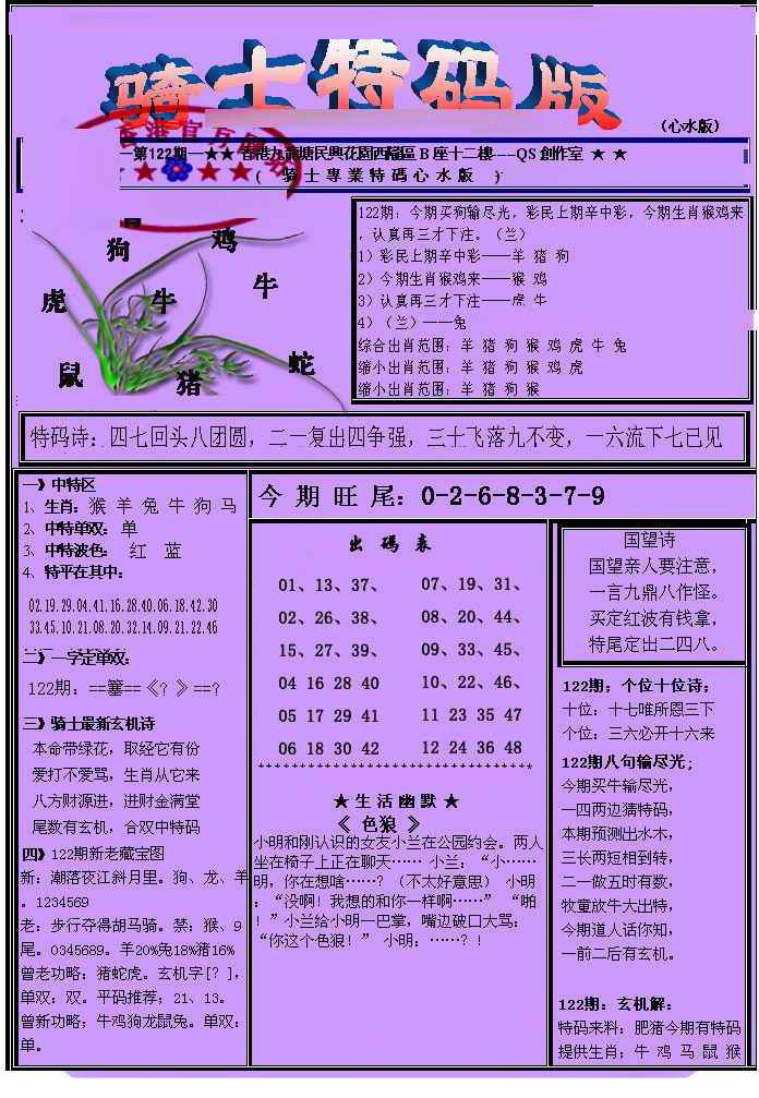 六合彩122期另骑士特码版