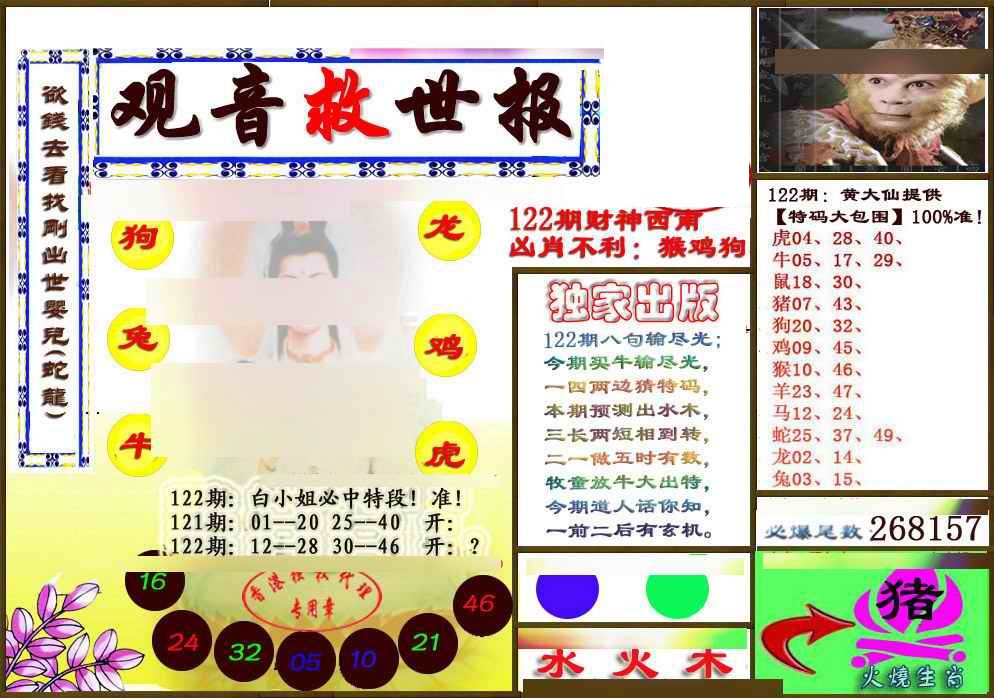 六合彩122期(另版)观音救世密报