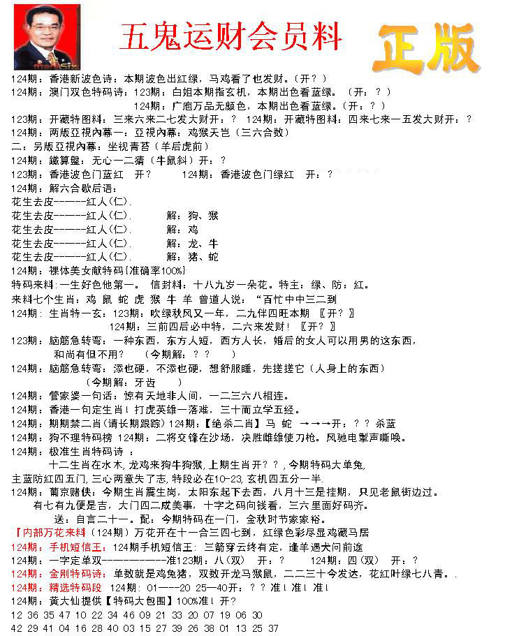 六合彩124期正版五鬼运财会员料
