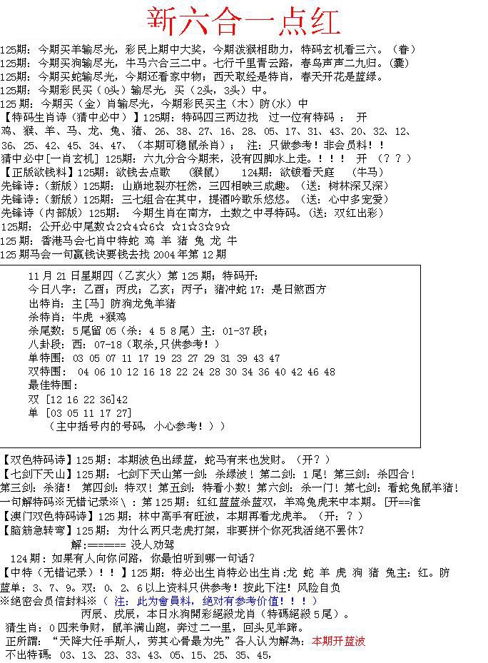 六合彩125期六合一点红A