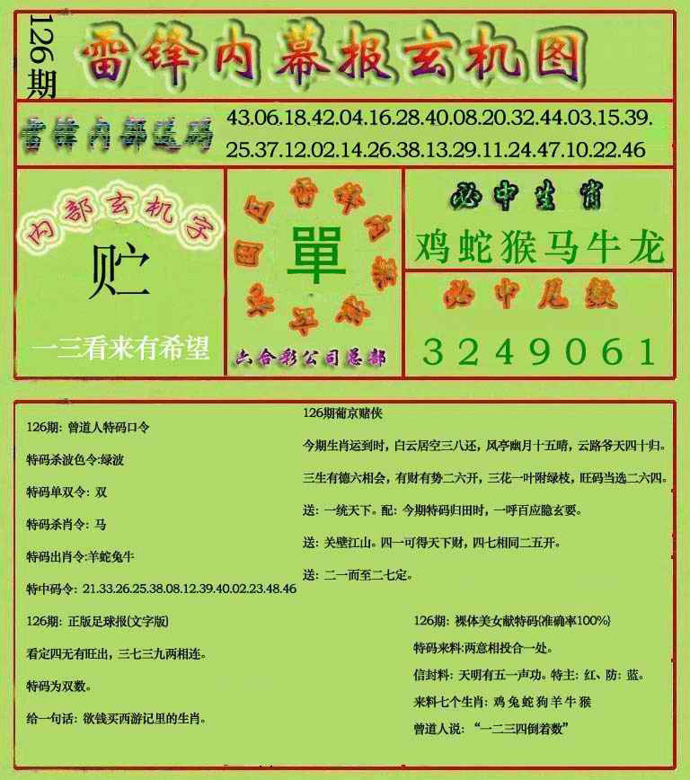 六合彩126期雷锋玄机报(新上市)