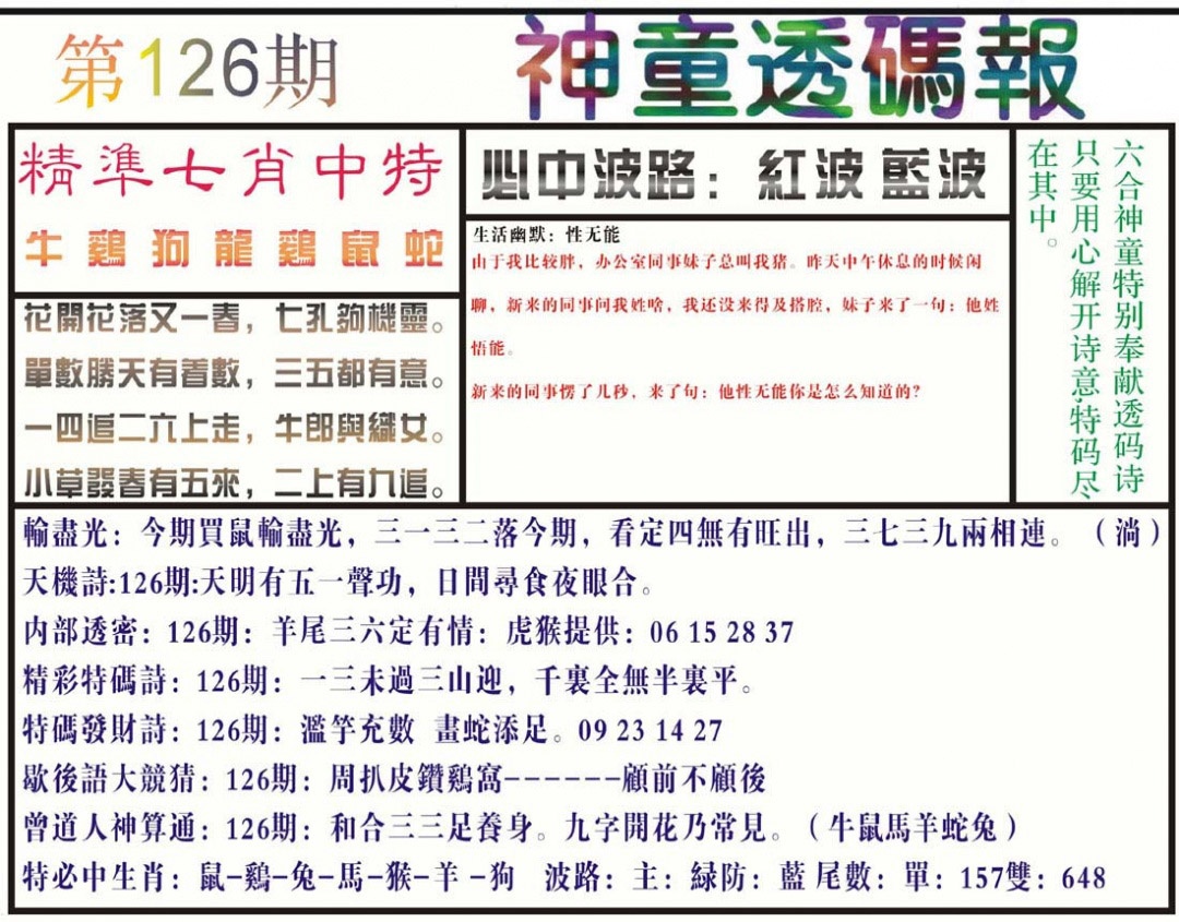 六合彩126期神童透码报(正版)