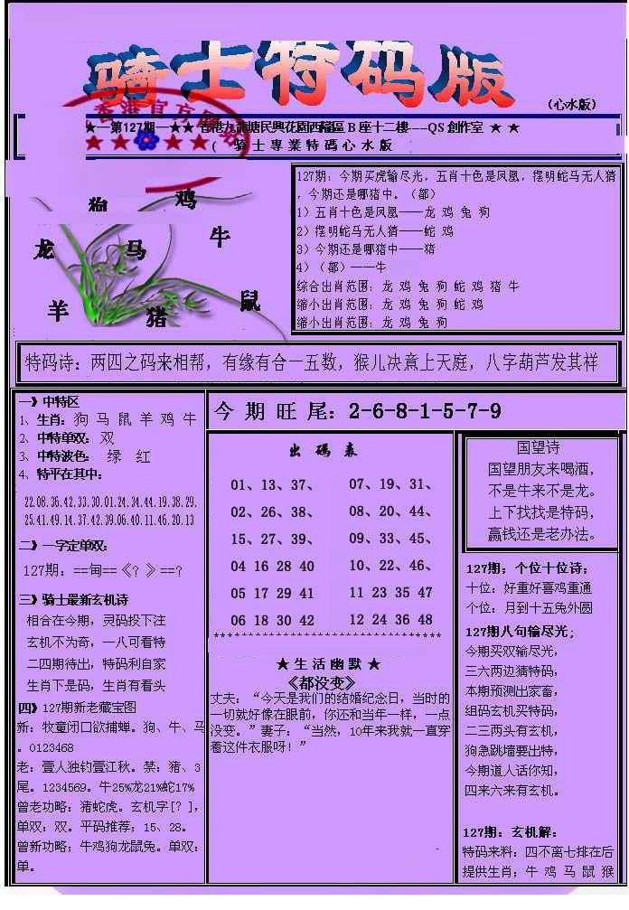 六合彩127期另骑士特码版